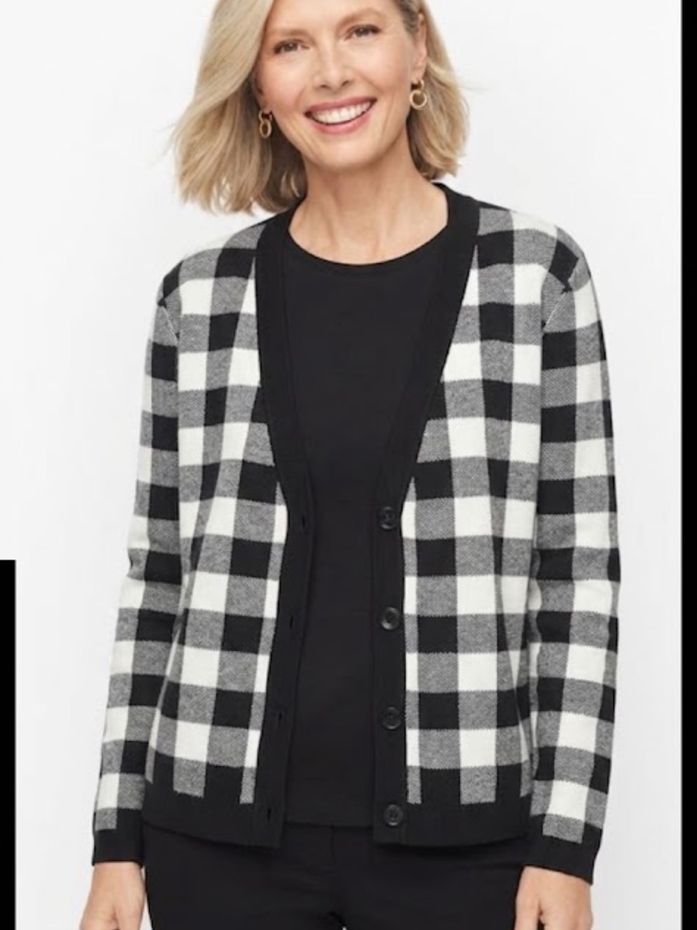 Talbots 2X Black & White Buffalo-Check v-neck soft Cardigan sweater